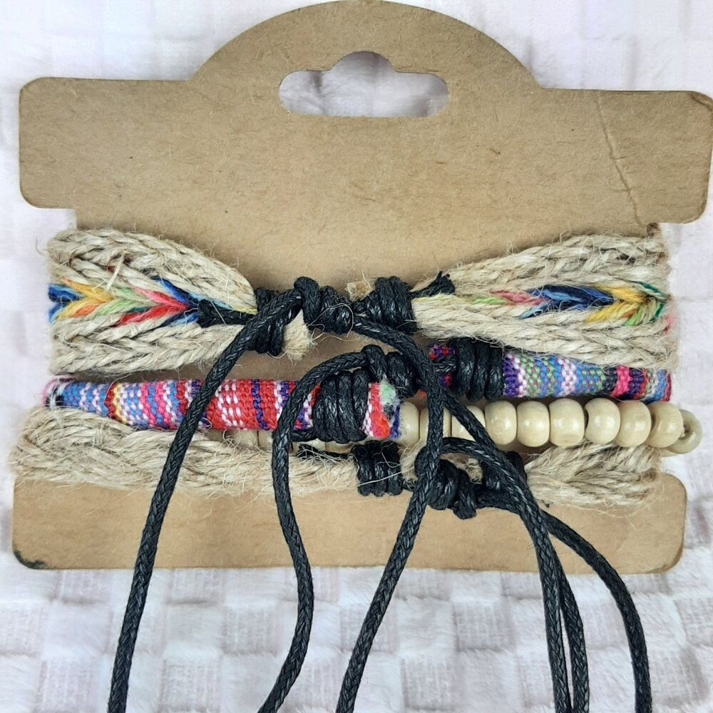NEW Bracelet Stack Multicolor Adjustable Size Beaded Woven Boho Hippie - Picture 4 of 4